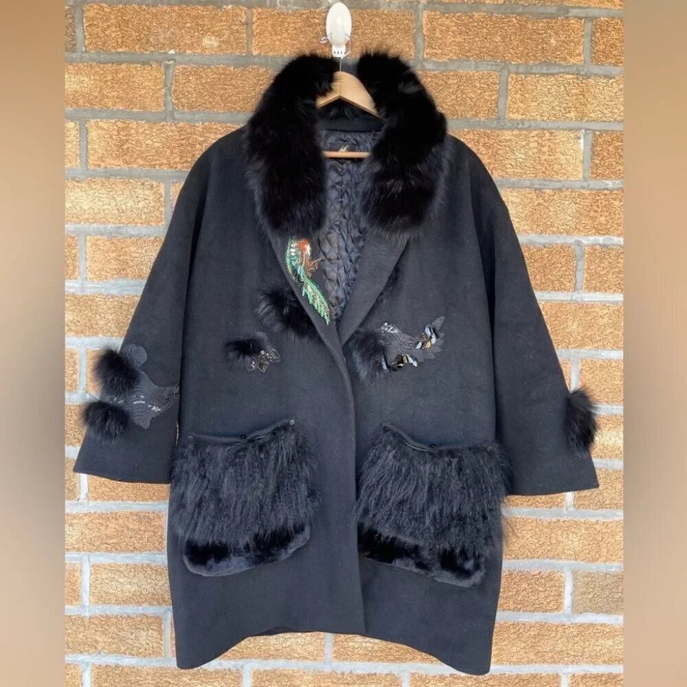 Kobi Halperin X Erte Anisa Fox and Rabbit Fur Combo Coat w/ Crystal Brooches L